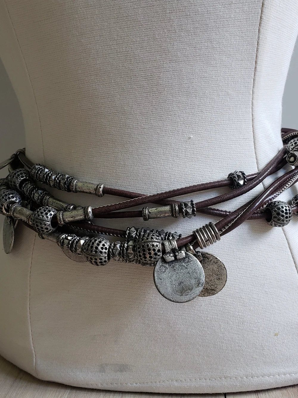 Vintage Etro Italian Multi-Strand Leather Belt Silver Coin Charms Made in Italy